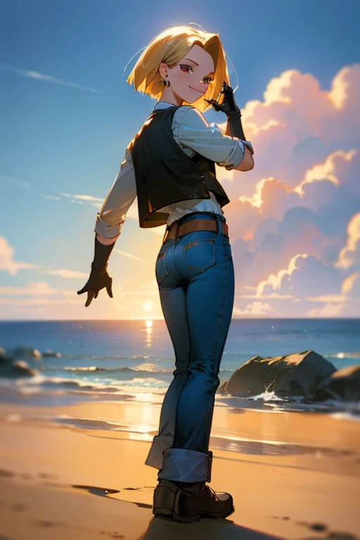 {best quality}, {very aesthetic}, facing viewer,Beautiful Android18DB portrait,Solo,Earrings,Jewelry,Denim,Smiling,Belt,Vest,Clouds,Sky,Daytime,Pants,Outdoor,Gloves,Necklace,Jeans,Rock,looking back,smile,standing,from behind ,full body,Volumetric lighting,...