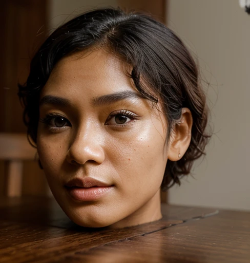 ((disembodied head on table)), a beautiful natural indonesian woman, extremely detailed skin texture, (square face Sharpe), pointed and big nose,  short curly hair, (realistic), realistic natural lighting, (best image, best quality), RAW photo