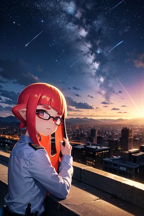 inkling, city in the background, rain, officer. (looking at the horizon), stars in the sky, mountain.