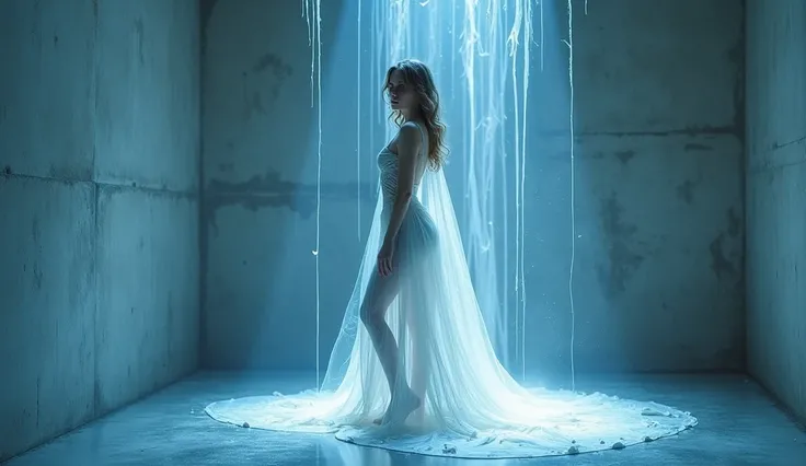 A stunning full-body shot of a Russian woman standing gracefully in the middle of a surreal room, Elegant . Her perfect skin is、Her entire body is adorned with translucent white paint that drips and flows delicately.。, enhancing her natural beauty. Hard co...