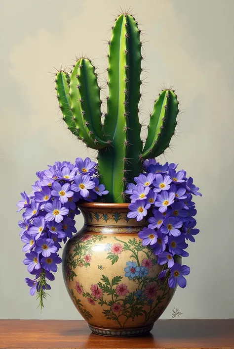 Cactus with violets in a painting style vase.