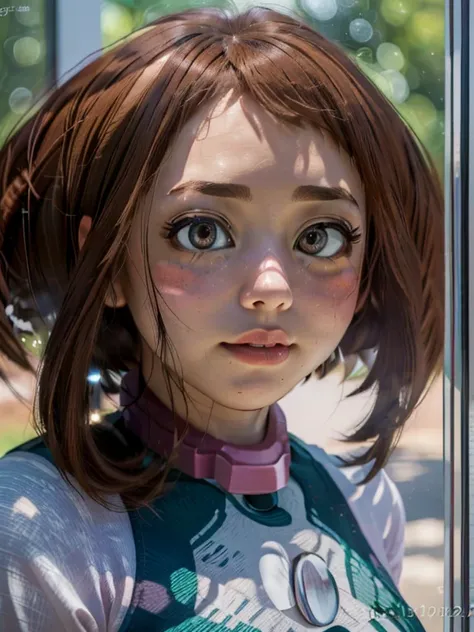 Best quality, focus on face, soft light, ultra high resolution, (photorealistic:1.4), RAW photo, 1 girl ((Ochaco Uraraka)), alone, cute, reflection in eyes (very big and round eyes), beautiful and detailed face (round face shape), (medium chest), (High res...