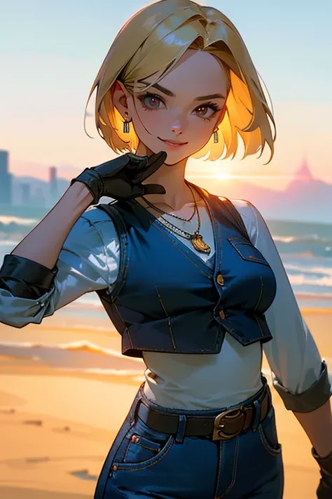 {best quality}, {very aesthetic}, facing viewer,Beautiful Android18DB portrait,Solo,Earrings,Jewelry,Denim,Smiling,Belt,Vest,Clouds,Sky,Daytime,Pants,Outdoor,Gloves,Necklace,Jeans,facing viewer,Volumetric lighting,Best quality,Masterpiece,Intricate details...