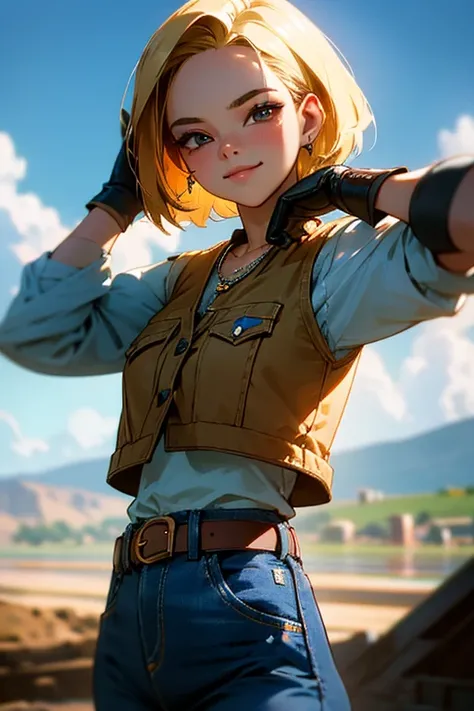 {best quality}, {very aesthetic}, facing viewer,Beautiful Android18DB portrait,Solo,Earrings,Jewelry,Denim,Smiling,Belt,Vest,Clouds,Sky,Daytime,Pants,Outdoor,Gloves,Necklace,Jeans,facing viewer,Volumetric lighting,Best quality,Masterpiece,Intricate details...