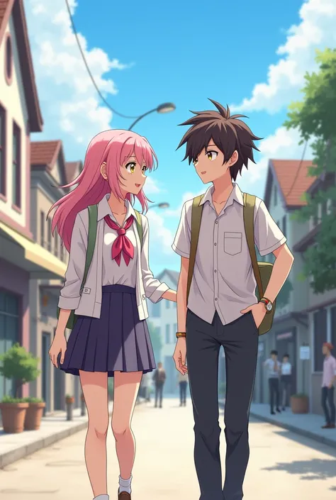 creates two students, a girl with golden and pink eyes and a boy with dark brown hair that fell in messy locks over his forehead with hazel-colored eyes who are talking through the streets of a town,  They both wear school uniforms and the girl is very che...