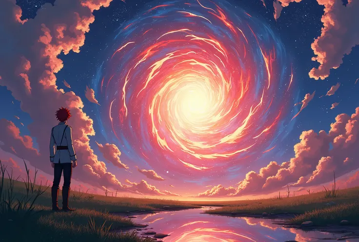 Prompt:
A vibrant, anime-style scene of a young man named Tanjiro Kamado from demon slayer gazing at a celestial phenomenon. Tanjiro is depicted with red hair and a distinctive uniform, standing on a grassy field overlooking a vast, starry sky. A breathtak...