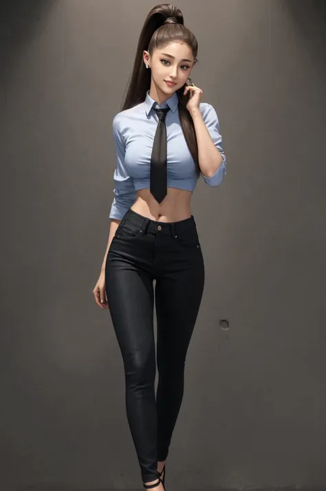 Acurate, Ariana Grande、Brown hair、black eyes、Semi-long、setting hair、Slender but well-proportioned muscular body、a smile、wearing a tie-front shirt、Abs are cracked、The navel is visible、Wearing high heels、wearing very tight blue skinny jeans.、Breasts are big、...