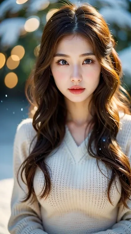 ((Best Quality)), ((masterpiece)), (detailed), One girl, Real Beauty、Real Asian Beauty、Brown Hair、Long Hair、chest、winter、Snow Scene、