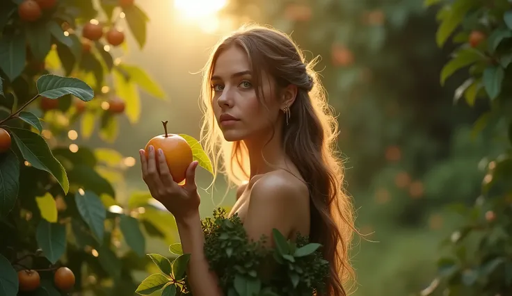 Eve a beautiful in the enchanting garden of Eden at a fruit tree with golden fruit. emanating a divine aura and doesnt look directly into the camera, looking at the fruit trees. Highlight the details of the expression, peace and grace that your presence ra...