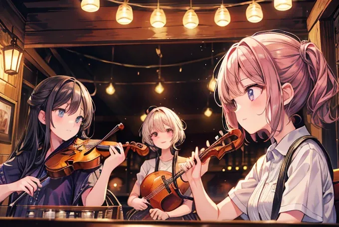 4 female band,Woman1 playing drums,Woman2 singing with a microphone, Woman3 playing the Oboe, Woman4 playing violin,Playing in a dimly lit bar,Spotlight,Enjoying music,smile,Close-up band