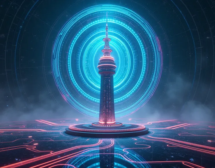 A radio tower that emits radio waves,Radio waves emitted from radio towers,Platinum Band,Keeping everyone informed,Glowing Energy Field,Electromagnetic radiation,Future Technology,Impressive visual effects,抽象的なDigital Art,Dynamic Energy,Neon Colors,Radial ...