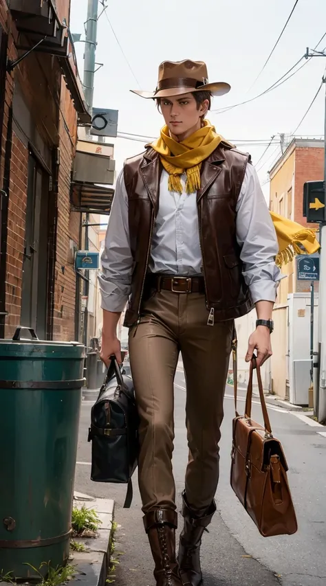 Aura, light_brown_ten_gallon_hat, light_brown_leather_vest, white_shirts, light_brown_leather_pants, brown_leather_boots, brown_belt, brown_holster, yellow_Scarf