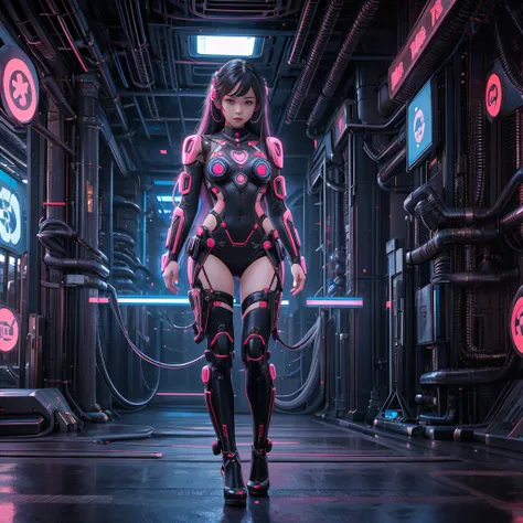 create picture of AI girl (half x-ray body), she look like a human, she good looking and smart, she have long hair with red and bule, she dress modern with high heels, Cyberpunk environment, 