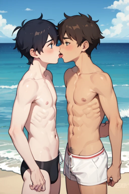 two shirtless boys kissing at beach