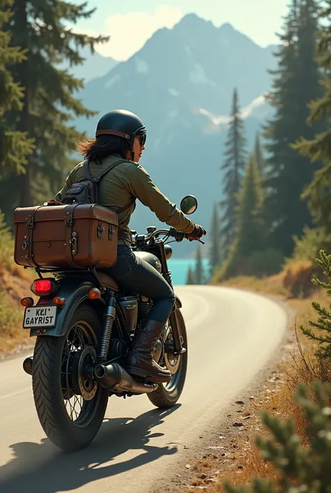 Young woman with short black hair, Beautiful and attractive face, Vintage half helmet and goggles、Wearing a military jacket, Worn boots and gloves, A sturdy bike with block tires is speeding down a curved road., The seats and steering wheel are well-worn f...