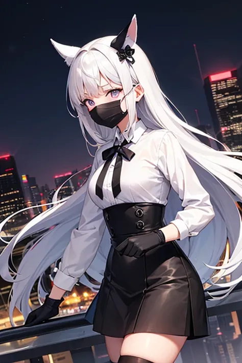 girl, long white hair, face mask, purple eyes,.white long sleeve shirt, Black gloves, black tie, black skirt, black boots, Long black stockings, city at night in the background