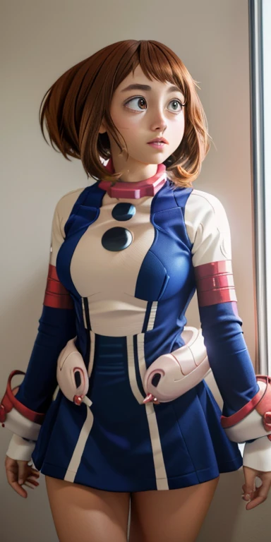 Best quality, focus on face, soft light, ultra high resolution, (photorealistic:1.4), RAW photo, 1 girl ((Ochaco Uraraka)), alone, cute, reflection in eyes (very big and round eyes), beautiful and detailed face (round face shape), (medium chest), (High res...