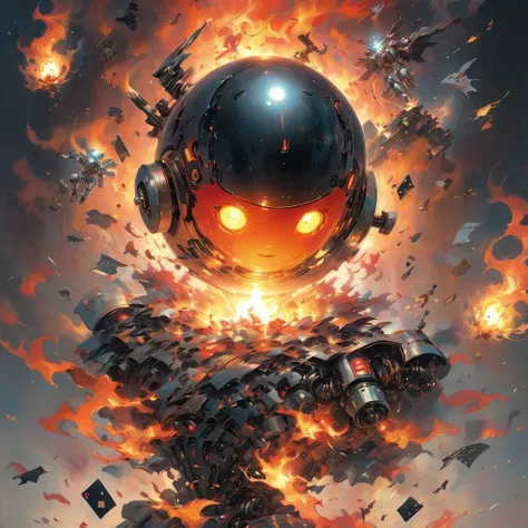 Cards with robots、sphere、I can see the whole body wrapped in fire