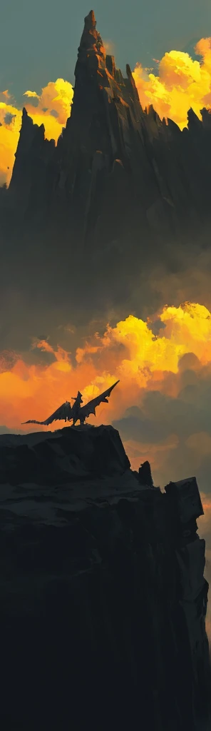 A castle in ruins, On the roof of a very tall tower is an iron dragon, spreading its wings towards the sky while screaming into the air, sunset, horizon, rocky mountain, steep path 