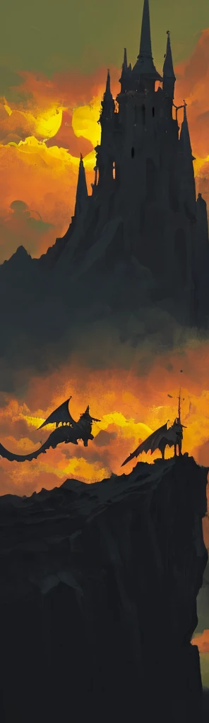 A castle in ruins, On the roof of a very tall tower is an iron dragon, spreading its wings towards the sky while screaming into the air, sunset, horizon, rocky mountain, steep path 