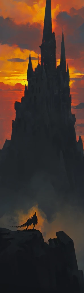 A castle in ruins, On the roof of a very tall tower is an iron dragon, spreading its wings towards the sky while screaming into the air, sunset, horizon, rocky mountain, steep path 