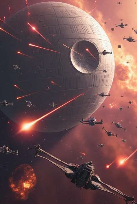 masterpiece, best quality, very aesthetic, absurdres, cinematic, ultra-detailed, Epic space battle over the Death Star, TIE fighters, X-wings, TIE interceptors, Y-wings flying in formation, Star Destroyers clashing with Republic cruisers, massive explosion...