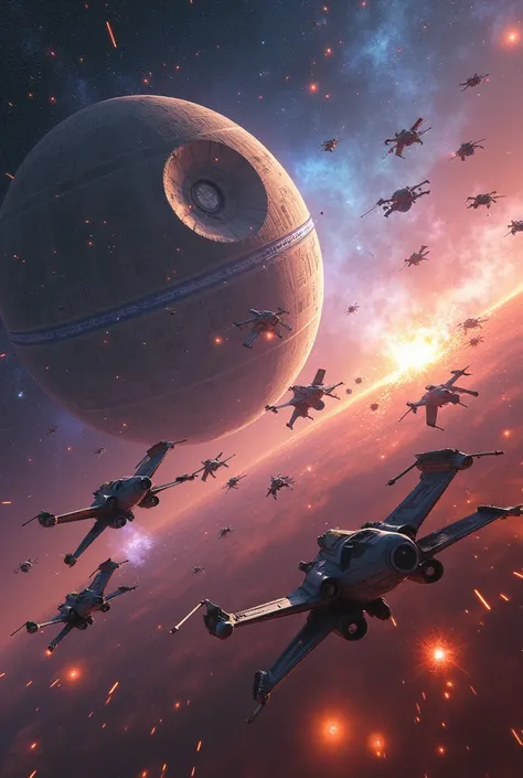 masterpiece, best quality, very aesthetic, absurdres, cinematic, ultra-detailed, Epic space battle over the Death Star, TIE fighters, X-wings, TIE interceptors, Y-wings flying in formation, Star Destroyers clashing with Republic cruisers, massive explosion...