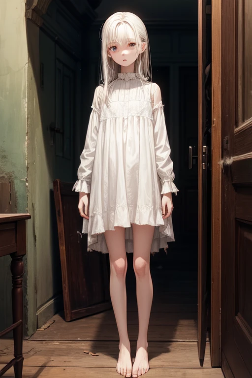  eleven year old ghost , long black disheveled hair , white skin , very old and torn white dress , barefoot , full body , HEAD ON 