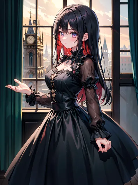 masterpiece, Best Quality, High resolution,One Woman, Accurate human body、Correct 5 fingers,Long Hair,Woman wearing a black dress, Black Gothic Dress, Girl in a black dress,  In a dress, wearing a Gothic Dress, Cute Black Dress, Romantic Dress, Data Style,...