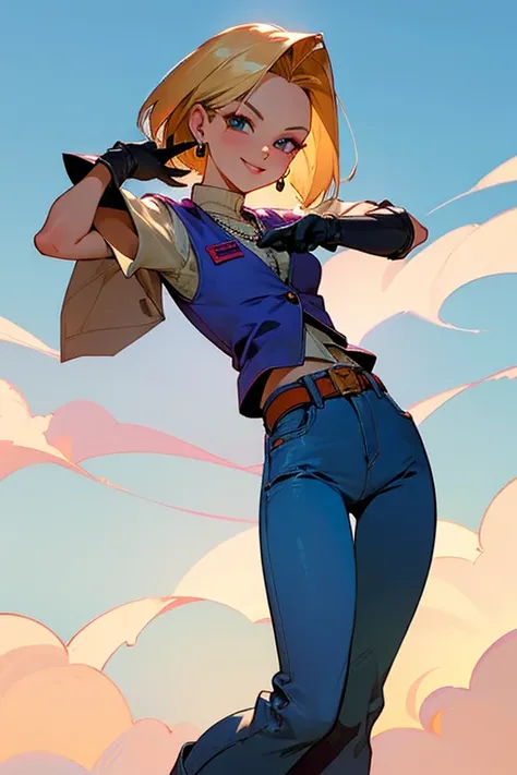 {best quality}, {very aesthetic}, Beautiful Android18DB portrait,side facing viewer,Beautiful Android18DB portrait,Solo,Earrings,Jewelry,Denim,Smiling,Belt,Vest,Clouds,Sky,Daytime,Pants,Outdoor,Gloves,Necklace,Jeans,ig breast ,full body,from behind,smile