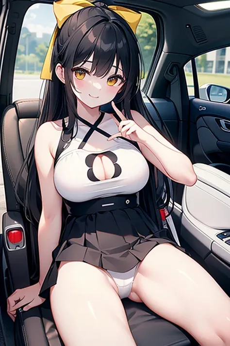 masterpiece, Long Hair, Black Hair, ponytail, Hair Ribbon, Hold out your hand and make an OK sign, whole body, medium breasts, ((smile)), sitting, ((white panties:1.2)), sit in car seat, White camisole, Yellow mini skirt, With a skirt on,creavage cut out,u...