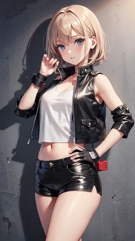 Create realistic drawing Teenage girl Age 13 Dressed in leather vest and very short shorts Specifications Height 157 cm Bust 90 cm Waist 60 cm Hip 95 cm Thighs 105 cm