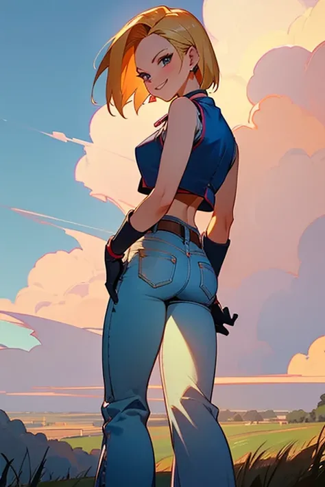 {best quality}, {very aesthetic}, Beautiful Android18DB portrait,side facing viewer,Beautiful Android18DB portrait,Solo,Earrings,Jewelry,Denim,Smiling,Belt,Vest,Clouds,Sky,Daytime,Pants,Outdoor,Gloves,Necklace,Jeans,ig breast ,looking back,smile,standing,f...