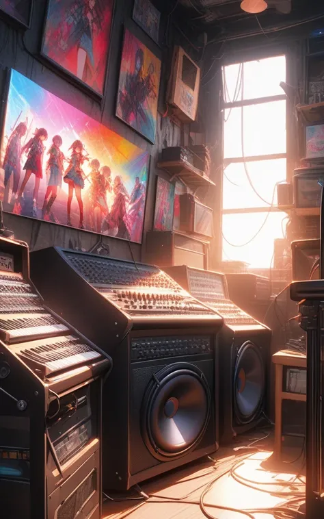 "ガレージバンドの夢"
プロンプト: "Hyper-detailed nano-textured student band in 8K resolution, showcasing intricate instrument details and vibrant DIY poster colors. The scene features a group of high school students practicing in a cluttered garage, surrounded by amps, ...