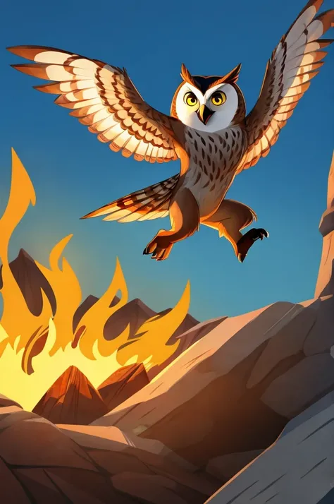 A male owl in animation style singing while flying over fire