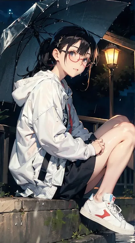 person in the rain with an umbrella anime girl with glasses and a jacket, girl with glasses, glasses anime, anime girls, person anime girls, animes on pc, anime artwork, girl with glasses, kawaii art, cute art, anime, 1girl, solo, glasses, shoes, hood, blu...