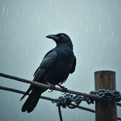 A crow perched on a power line、Getting wet in the rain