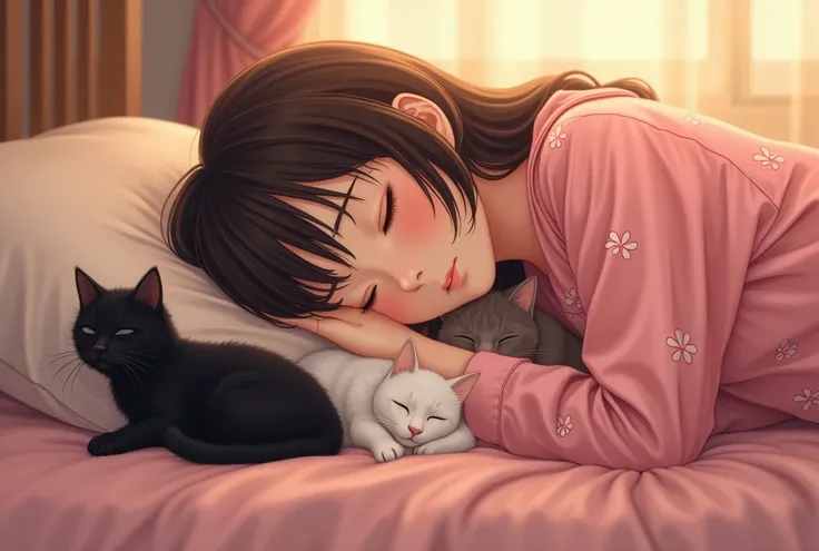 Photographic,  Portrait, Profile ,Japanese girl and 3 cats, (1 black cat, 1 white cat, 1 brown cat), everybody sleeping, lying pose, pink pajamas on bed, flower pattern pajamas , sunset,   ((textured skin , HI detailed skin, foreshortening, Canon, anatomic...