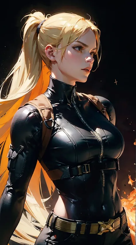 Cassie Cage from Mortal Kombat, Female Martial Artist, Long Blonde Hair, Military Kevlar Vest, Cargo Pants, Detailed Face, Beautiful Face, Upper Body View Portrait, Lean Female Body Physique, Toned Female Muscle, Female Body Shape, Fit Female Body, 4KUHD q...