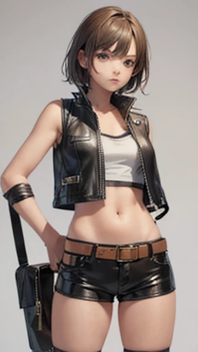 Create realistic drawing Teenage girl Age  Dressed in leather vest and very short shorts 