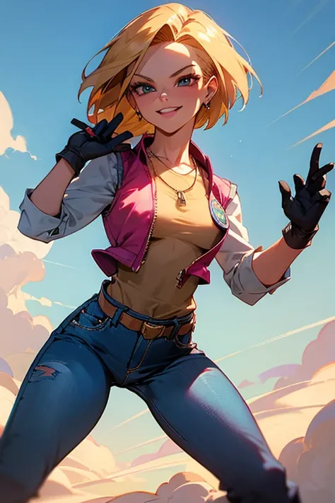 {best quality}, {very aesthetic}, Beautiful Android18DB portrait,side facing viewer,Beautiful Android18DB portrait,Solo,Earrings,Jewelry,Denim,Smiling,Belt,Vest,Clouds,Sky,Daytime,Pants,Outdoor,Gloves,Necklace,Jeans,ig breast ,dutch angle
,fighting pose,(d...