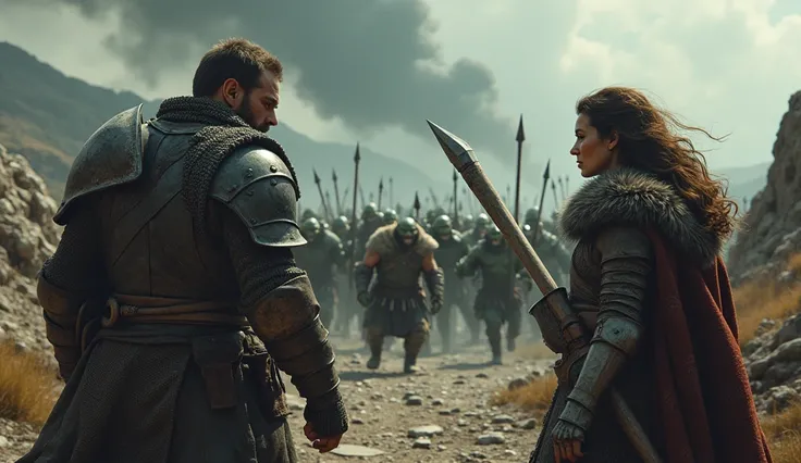 highly detailed. realistic, Depict a tense, dramatic moment where a male and female warrior are bracing for an imminent clash against a massive horde of orcs. The male warrior, wearing dented and blood-stained steel armor, grips a large battle axe with bot...