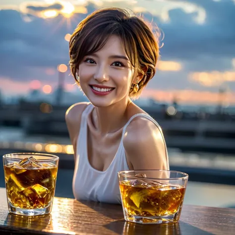 (Realistic, 超Realistic:1.4), 16K HDR, High resolution,((Whiskey Glass)),((Whiskey Bottle)),((Whiskey Glass)),Happy Smile、Short Hair,The best smile、Japanese Actress,so beautiful(It looks like the real thing),Evening Dresses,Cocktail Dresses、Whiskey Bottle、T...