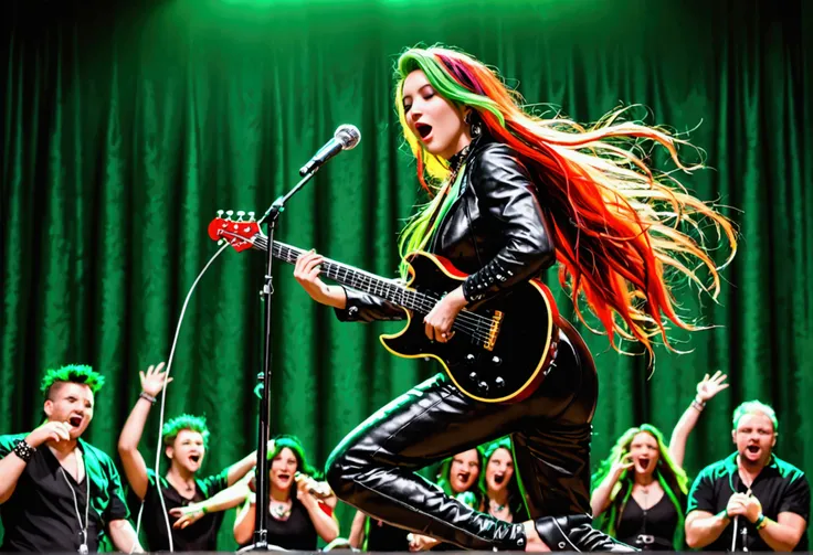 Thrash metal band, several cyborgs (mixed gender, all have long hair wildly colored, punk leather outfits, neon trim and highlights( jumping around stage singing and playing instruments, thrash metal
