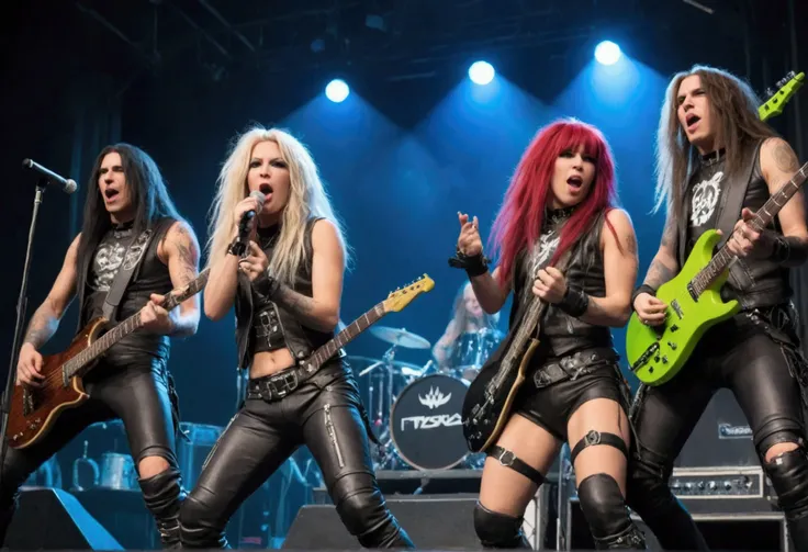 Thrash metal band, several cyborgs (mixed gender, all have long hair wildly colored, punk leather outfits, neon trim and highlights( jumping around stage singing and playing instruments, thrash metal
