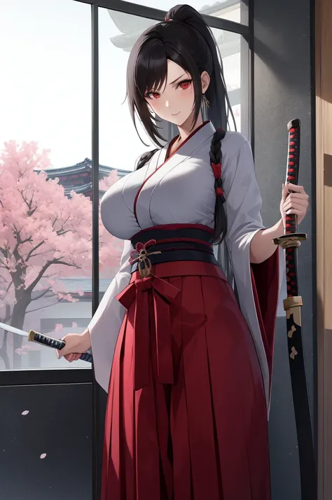 masterpiece, best quality, mature samurai woman in kimono holding samurai sword against a window in a Japanese style building, 1girl, solo, weapon, japanese clothes, katana, skirt, hakama, breast, ponytail hairstyle, hakama skirt, obi, looking at viewer,  ...