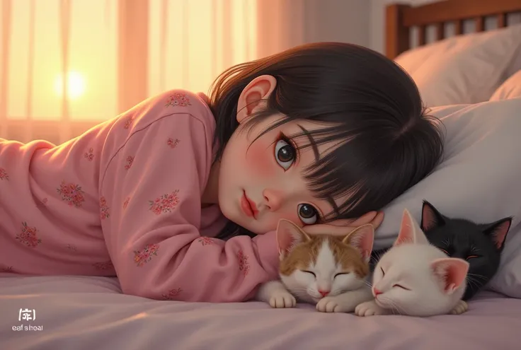 Photographic, super-realism,  Portrait, Profile 5-age girl, Japanese girl and 3 cats, (1 black cat, 1 white cat, 1 brown cat), everybody sleeping, lying pose, pink pajamas on bed, flower pattern pajamas , sunset,   ((textured skin , HI detailed skin, fores...