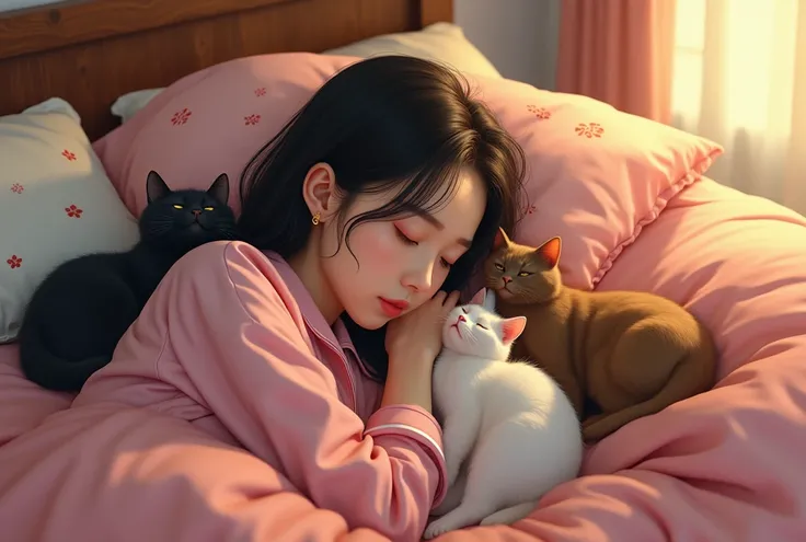 Photographic, super-realism,  Portrait, Profile ,Japanese woman and 3 cats, (1 black cat, 1 white cat, 1 brown cat), everybody sleeping, lying pose, pink pajamas on bed, flower pattern pajamas , sunset,   ((textured skin , HI detailed skin, foreshortening,...