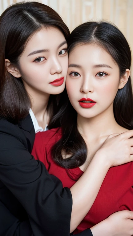 1952, Seoul, (((1 korean young girl and 1 old korean man facing each other))), {1 girl, 2, big breasts, strikingly beautiful, delicate facial features, porcelain skin, expressive eyes, black hair, red lips, sexy, alluring pin-up girl in red dress with big ...