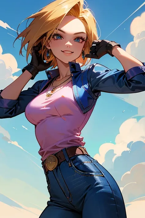 {best quality}, {very aesthetic}, Beautiful Android18DB portrait,side facing viewer,Beautiful Android18DB portrait,Solo,Earrings,Jewelry,Denim,Smiling,Belt,Vest,Clouds,Sky,Daytime,Pants,Outdoor,Gloves,Necklace,Jeans,ig breast ,dutch angle ,jyojyo standing ...